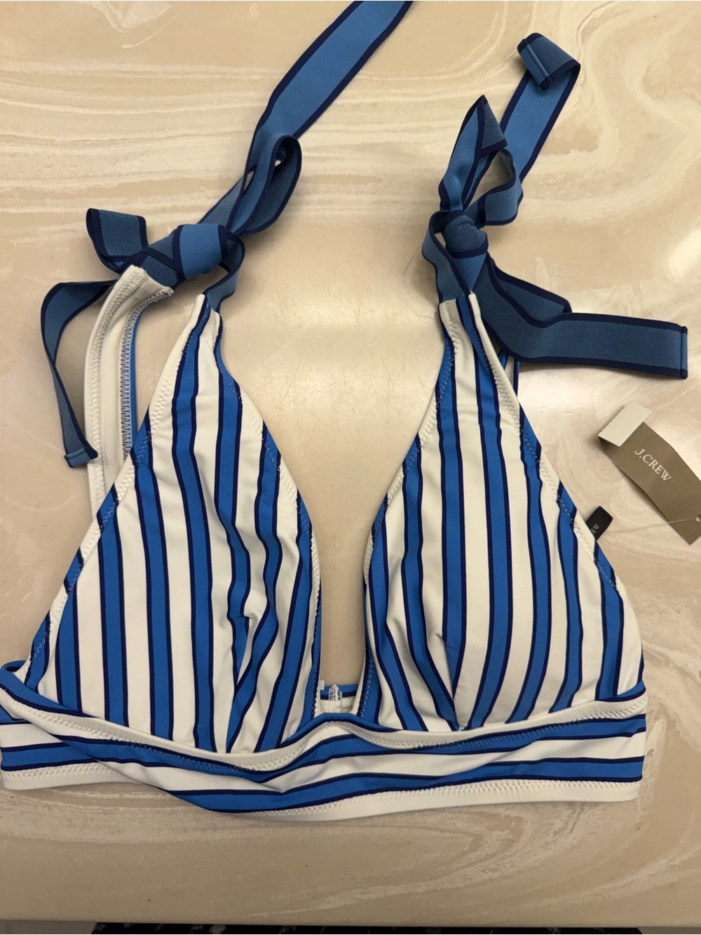 J. Crew Cabana Striped Blue & White Tie-Shoulder Bikini Top NWT - Picture 2 of 5